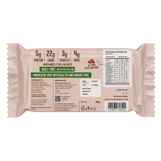 Back side of a packaged snack bar wrapper on a plain white background, showing nutrition facts, ingredients