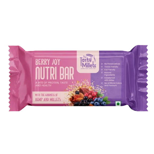 A Single Pack Of TheTastyMillets Berryjoy NutriBar Made With Goodness of Hemp Seeds And BlueBerries.