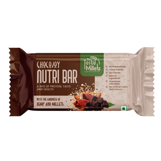 A wrapped chocolate soy nutri bar by Tasty Millets, featuring a dark brown wrapper with white text, a green brand label, and illustrations of nuts and dried fruits on a white background.