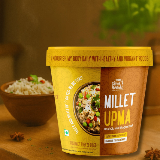 Millet Upma packaging with a bowl of upma in the background