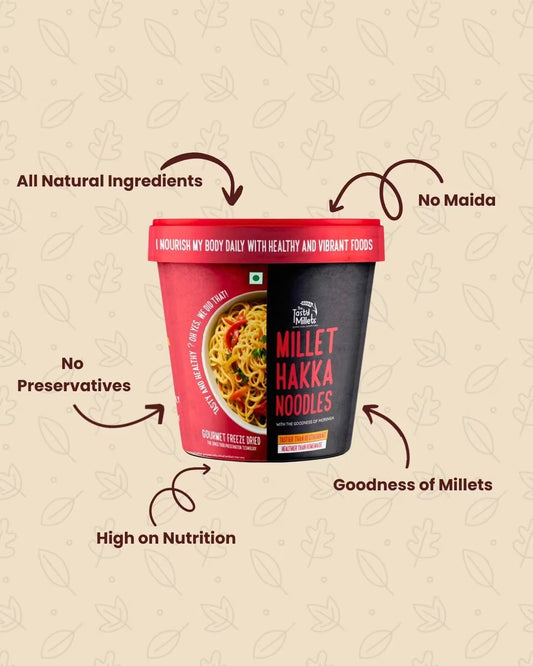 A cup of Millet Hakka Noodles by The The Tasty Millets highlighting product benefits