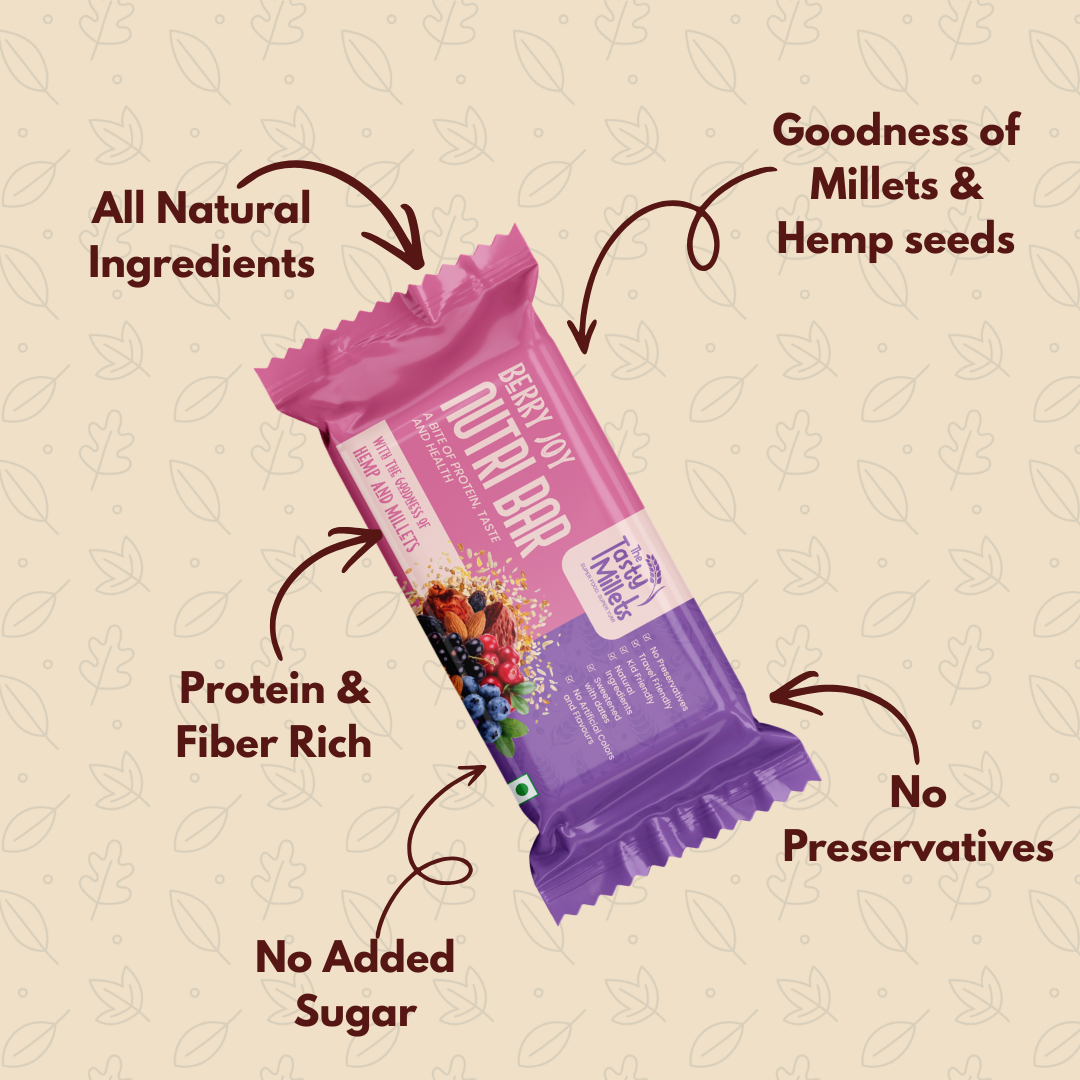 A Berry Nutri Bar highlighting natural ingredients, protein, fiber, and no added sugar