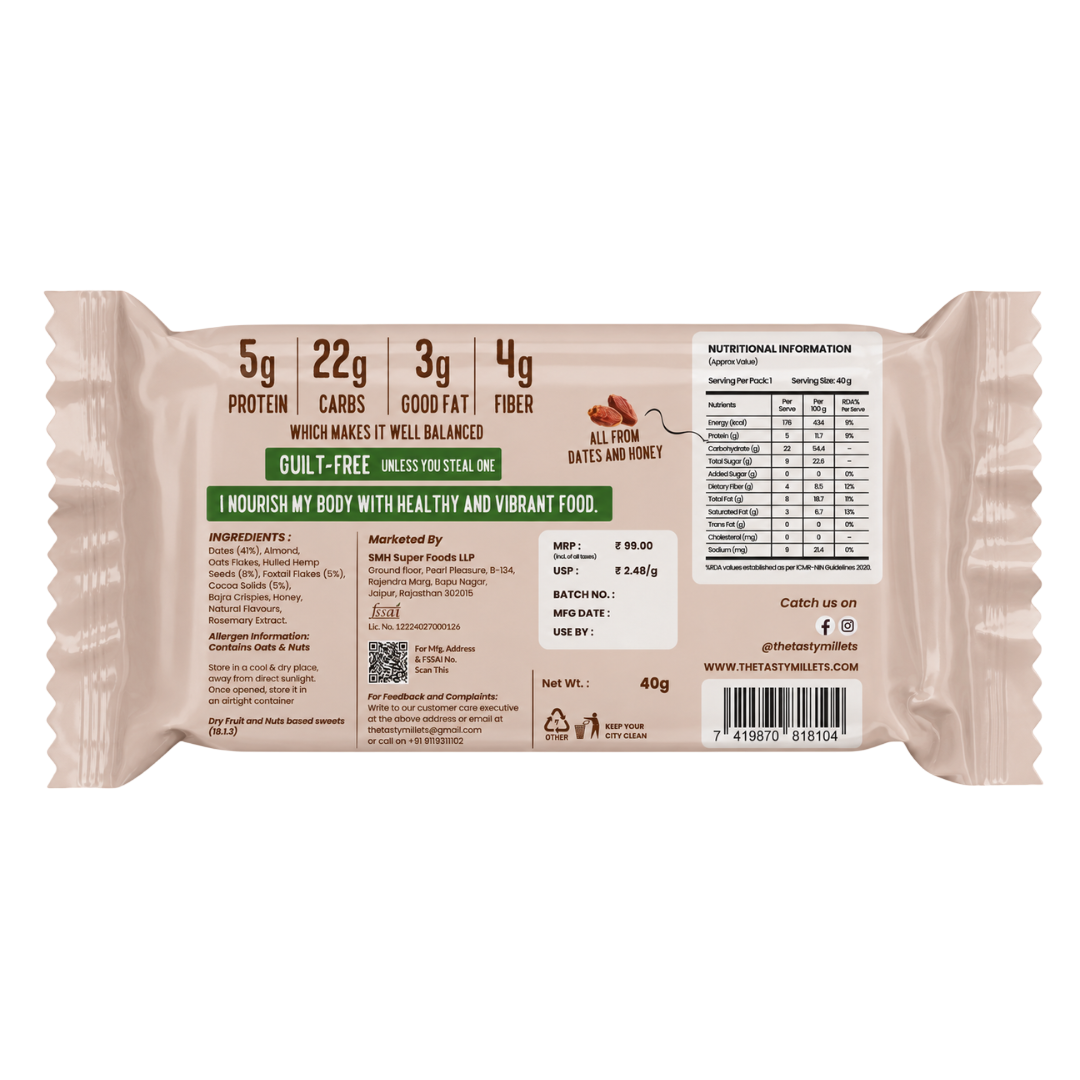 Back of packaged Millet Nutri Protein Bar by The Tasty Millets with choco hemp seeds