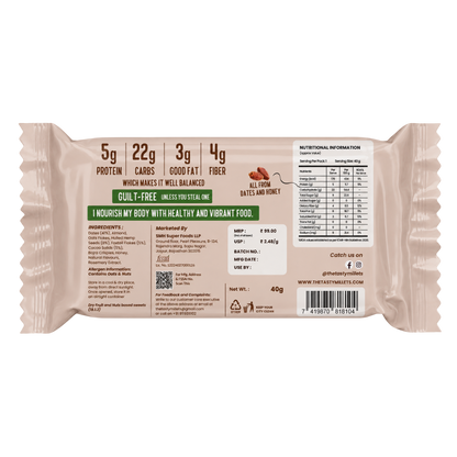 Back of packaged Millet Nutri Protein Bar by The Tasty Millets with choco hemp seeds