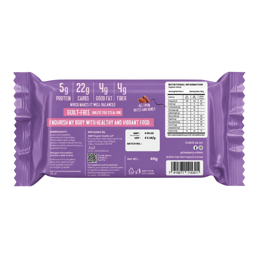 The back of a BerryJoy NutriBar showing nutritional information, ingredients,on white background.