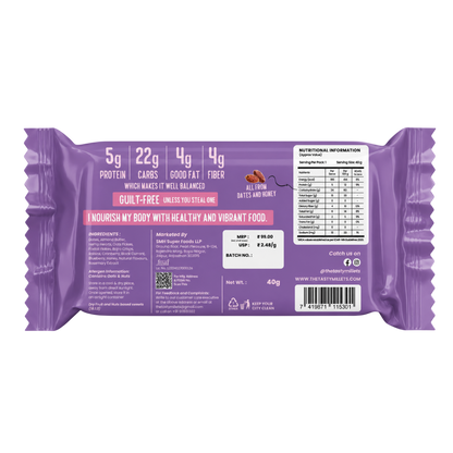 The back of a BerryJoy NutriBar showing nutritional information, ingredients,on white background.