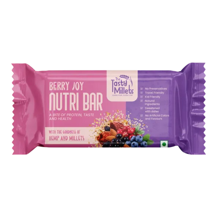A Single Pack Of TheTastyMillets Berryjoy NutriBar Made With Goodness of Hemp Seeds And BlueBerries.