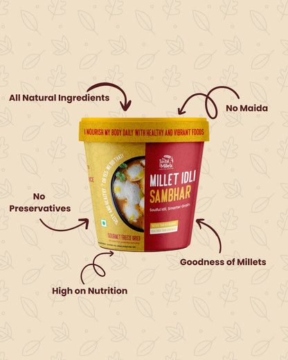 Single container of Millet Idli Sambar with text highlighting health benefits on a beige background.