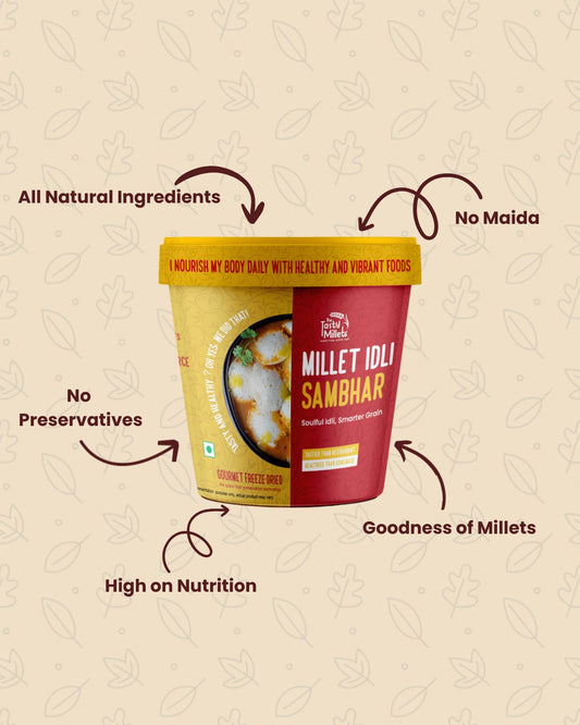 Single container of Millet Idli Sambar with text highlighting health benefits on a beige background.
