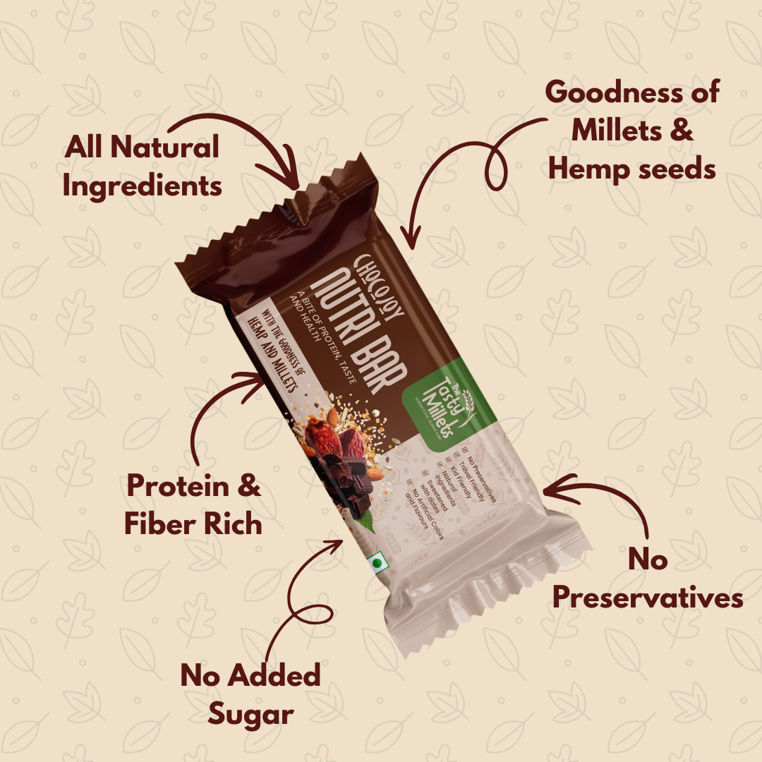 A ChocoJoy Protein Bar Made With millet, hemp seeds, protein, and fiber.