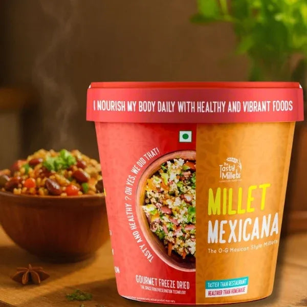 A Single Pack of TheTastyMillets Millet Mexicana Meal Item Made With FoxTail Millet and Salsa Sauce.