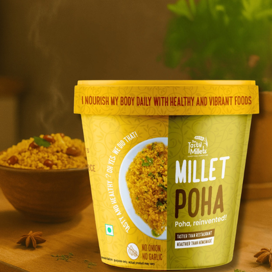 Container of Millet Poha with a bowl of food and plant in the background