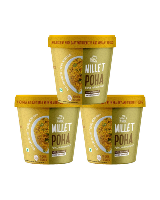Three containers of Millet Poha on a white background