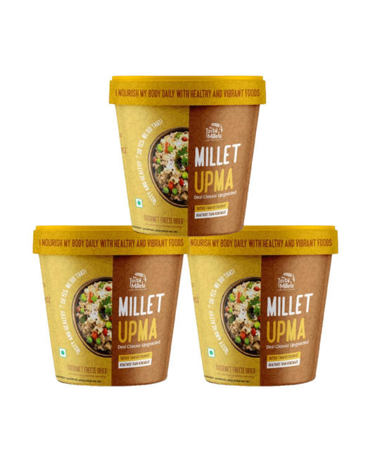 Three containers of Millet Upma with yellow and brown packaging on a white background