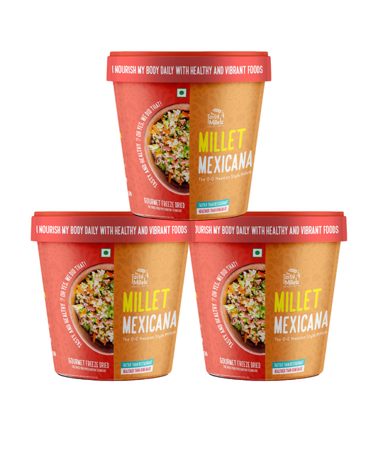 Three containers of Millet Mexicana on a white background
