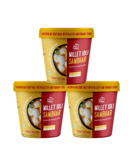 Three containers of Millet Idli Sambhar on a white background