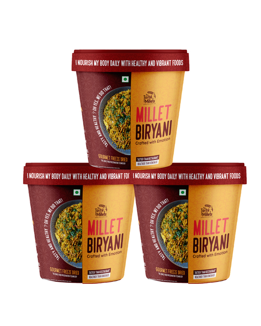 Three containers of Millet Biryani on a white background