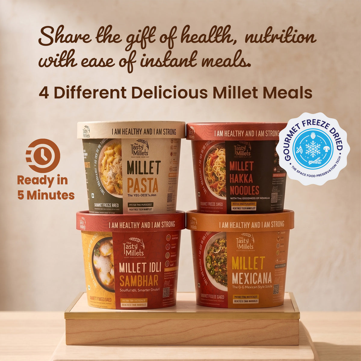 Four Taste of The Tasty Millet meal packs: Millet Pasta, Hakka Noodles, Idli Sambhar, and Mexicana.