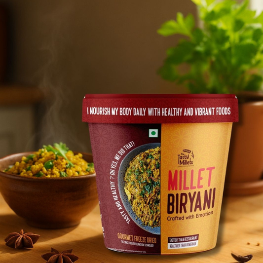 Container of Millet Biryani with a bowl of biryani and spices in the background