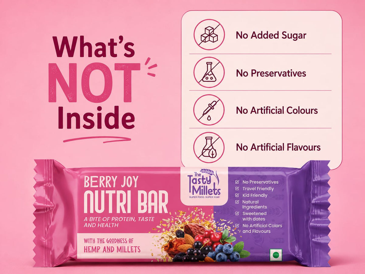 The Tasty Millets BerryJoy Nutri Bar with no added sugar or preservatives.