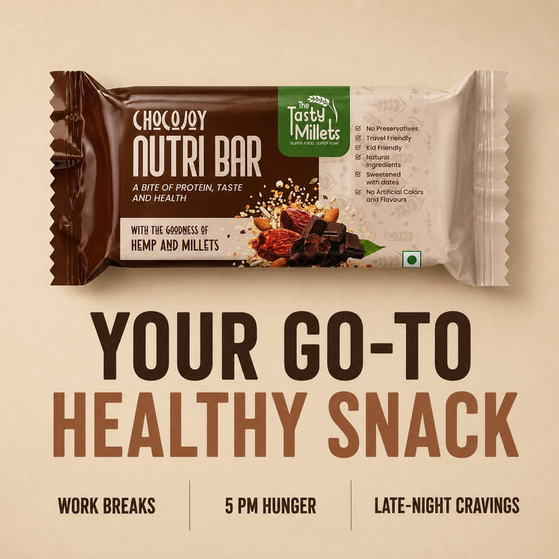 A packaged chocolate nutri bar shown on a beige promotional background with large text reading 'YOUR GO-TO HEALTHY SNACK' and smaller text listing use cases. The wrapper is dark brown and off-white with a green 'Tasty Millets' label and food imagery on the front.