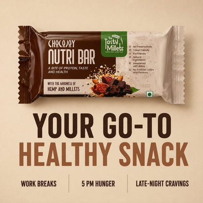 A Packaged ChocoJoy Nutri Bar By The Tasty Millet Made with Choco Hemp seeds with no added Sugar.