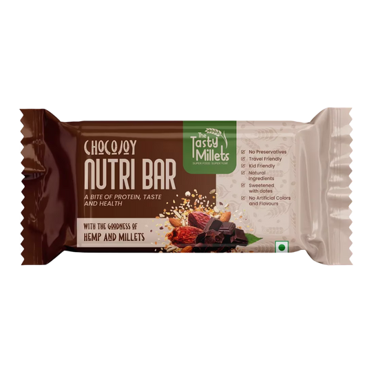 A Single Packaged Chocojoy made with goodness millets and hemp seeds
