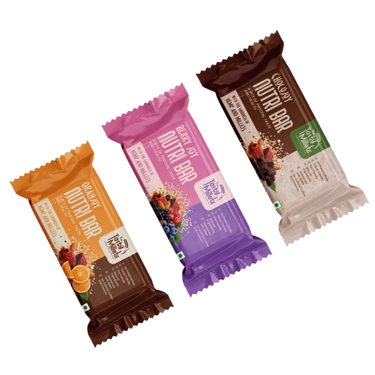 Three packaged protein bars which comes with three flavours berryjoy,chocojoy,oranjoy