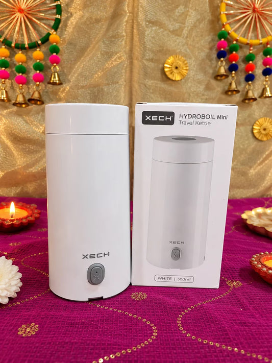 A white XECH Hydroboil Mini travel kettledrum and its retail packaging box.